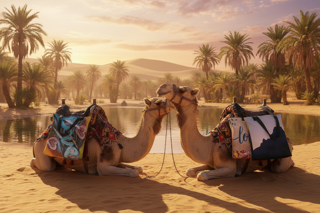 Tote bags on camels at Sahara oasis