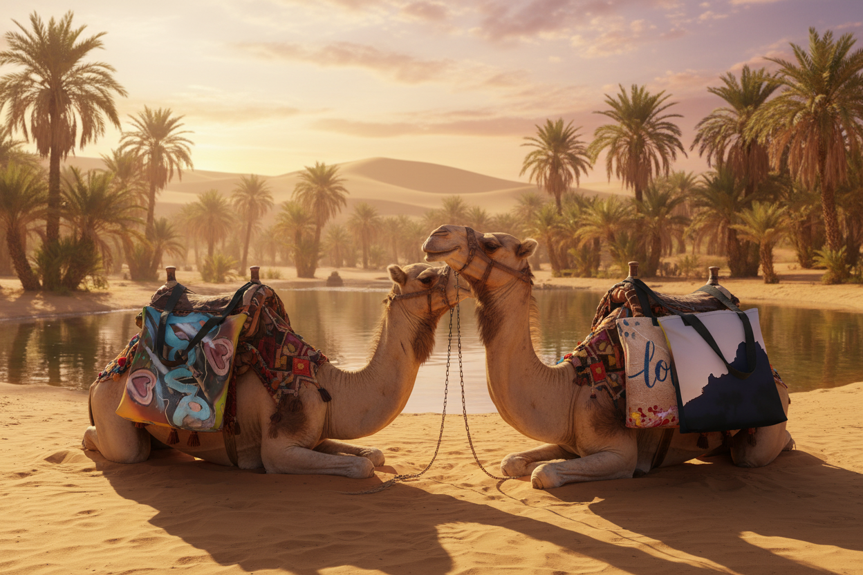 Tote bags on camels at Sahara oasis